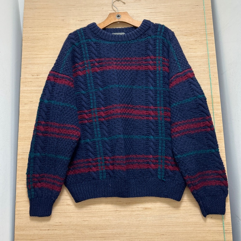 The Kensington Collection Hand Knit Wool Sweater Navy Blue Plaid Cable Knit L